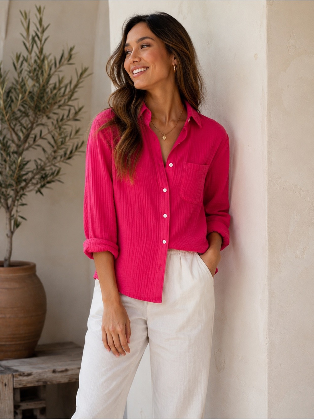Quince Bright Pink Organic Cotton Gauze Button Down Shirt Lightweight Boho Top